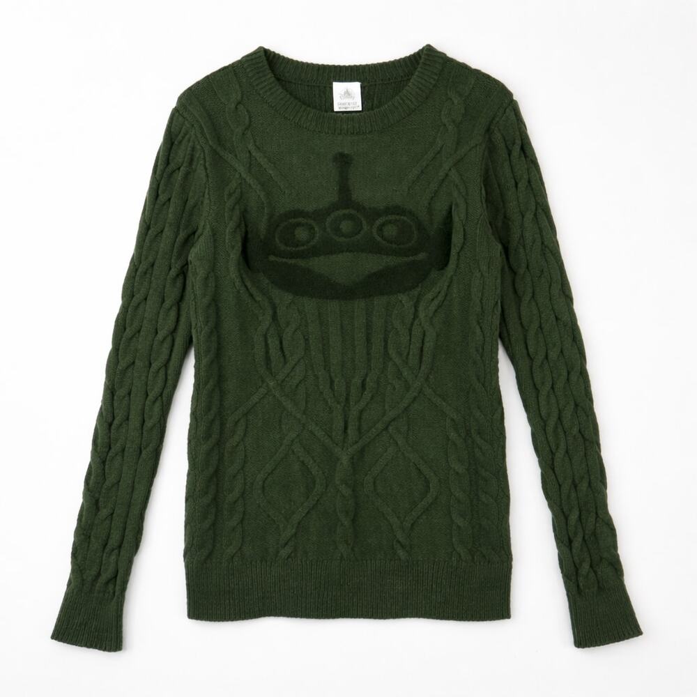 Disney Pixar Toy Story Alien Sweater Cable Knit Dark Green Crewneck Sweater XS